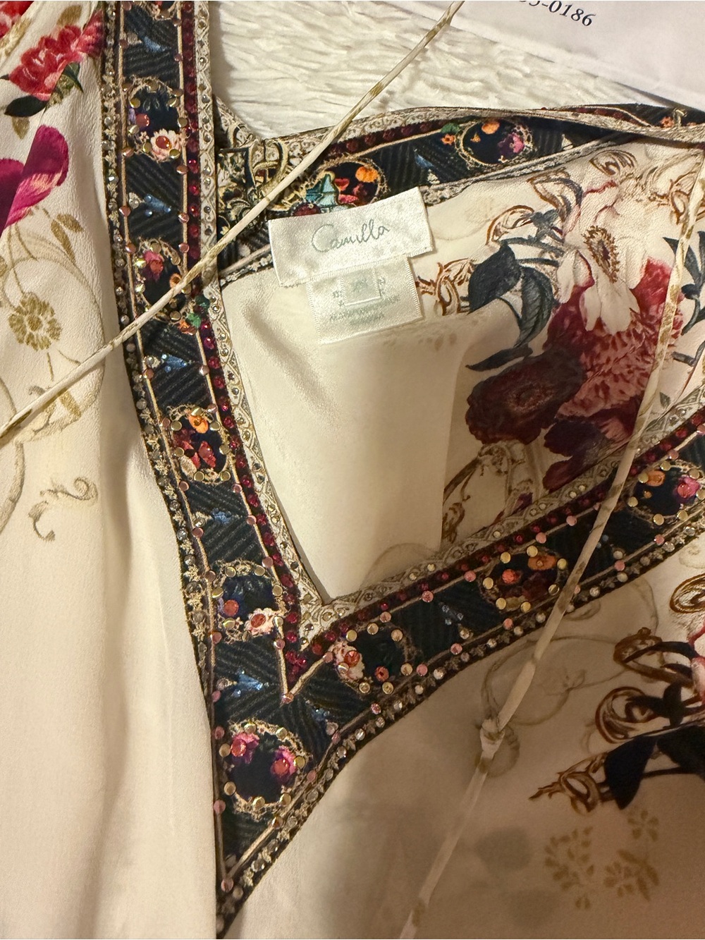 Camilla Cream Floral Tie-Waist Tiered Sundress 100% silk - Picture 3 of 7